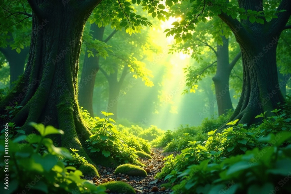Fototapeta premium Dense undergrowth with sunlight filtering through leaves, greenspace, sunlight