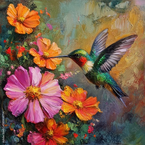 Vibrant Hummingbird in a Floral Paradise: A Masterpiece of Impasto Painting