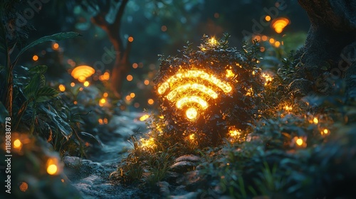 Artistic wifi symbol integrating nature's elements in a serene forest setting for environmental awareness photo