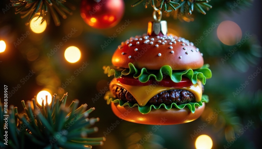 custom made wallpaper toronto digitalGlowing burger ornament nestled in Christmas tree branches, lights, burger