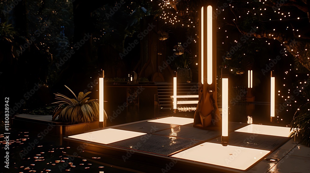 Obraz premium Illuminated Platform in a Dark Tranquil Forest Setting