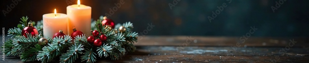 Pine wreath with elegant Christmas candle and snow-covered fir branches, Christmas candles, Pine wreath Pine wreath with elegant Christmas candle and snow-covered fir branches, Christmas candles, Pine wreath