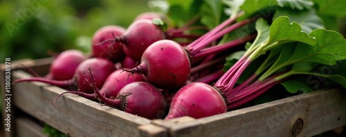 Pile of freshly harvested beets in a wooden crate, garden crops, field crops, fresh produce photo