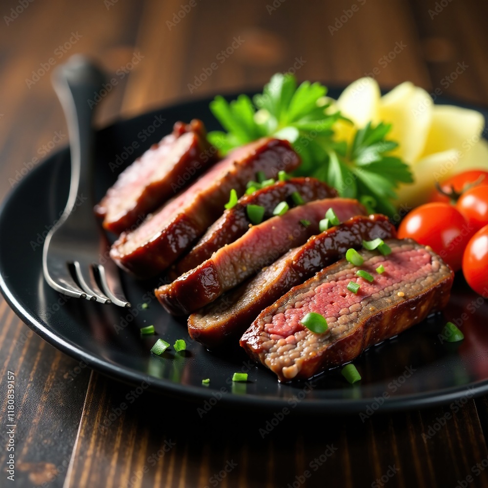 Barbecued beef strips on dark plate with a fork, meat, fork, dinner Barbecued beef strips on dark plate with a fork, meat, fork, dinner