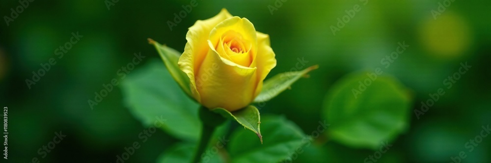Lush green leaves enveloping a delicate yellow rose bud, , floral, leaves Lush green leaves enveloping a delicate yellow rose bud, , floral, leaves
