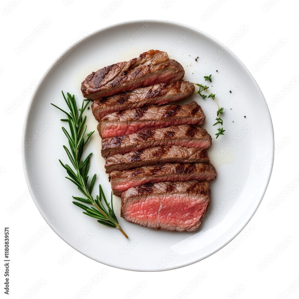 beautifully plated serving of sliced steak. showcasing its juicy interior and grilled exterior. garnished with fresh rosemary and thyme. emphasizing a gourmet culinary presentation beautifully plated serving of sliced steak. showcasing its juicy interior and grilled exterior. garnished with fresh rosemary and thyme. emphasizing a gourmet culinary presentation