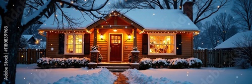 Snow-covered front porch with Christmas lights, bungalow, warm glow, snow photo