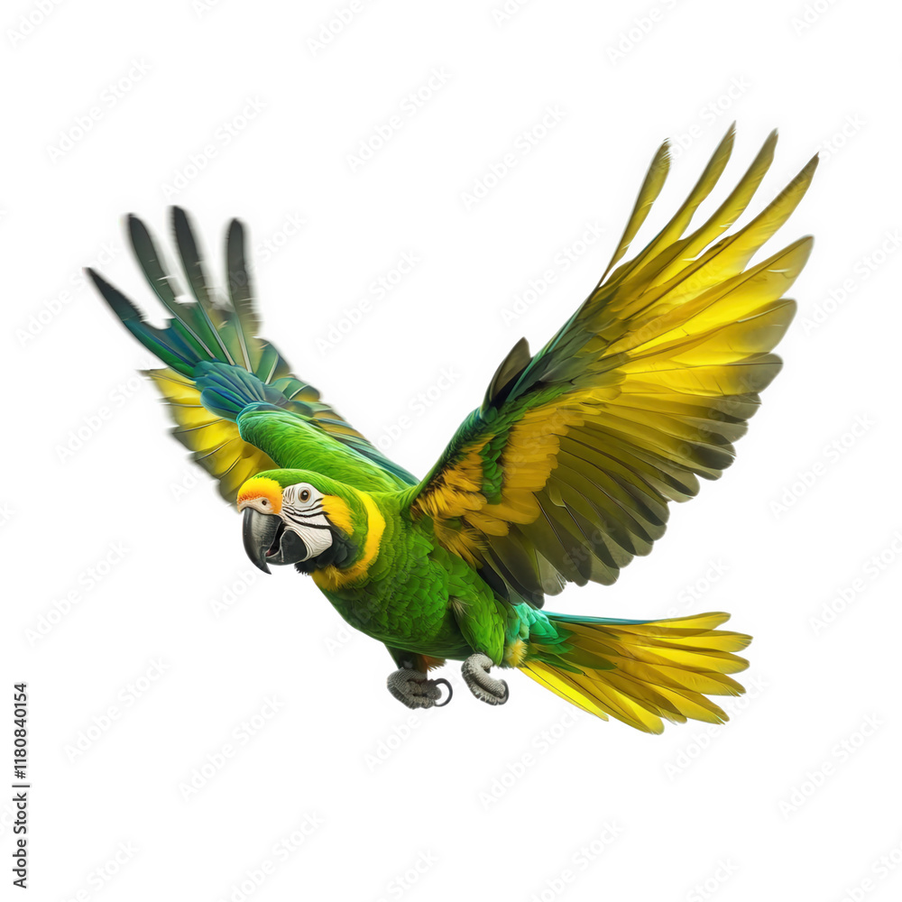Obraz premium a vibrant parrot in mid-flight. showcasing its colorful feathers and dynamic pose against a plain background the beauty and grace of this exotic bird. capturing its lively spirit and natural elegance