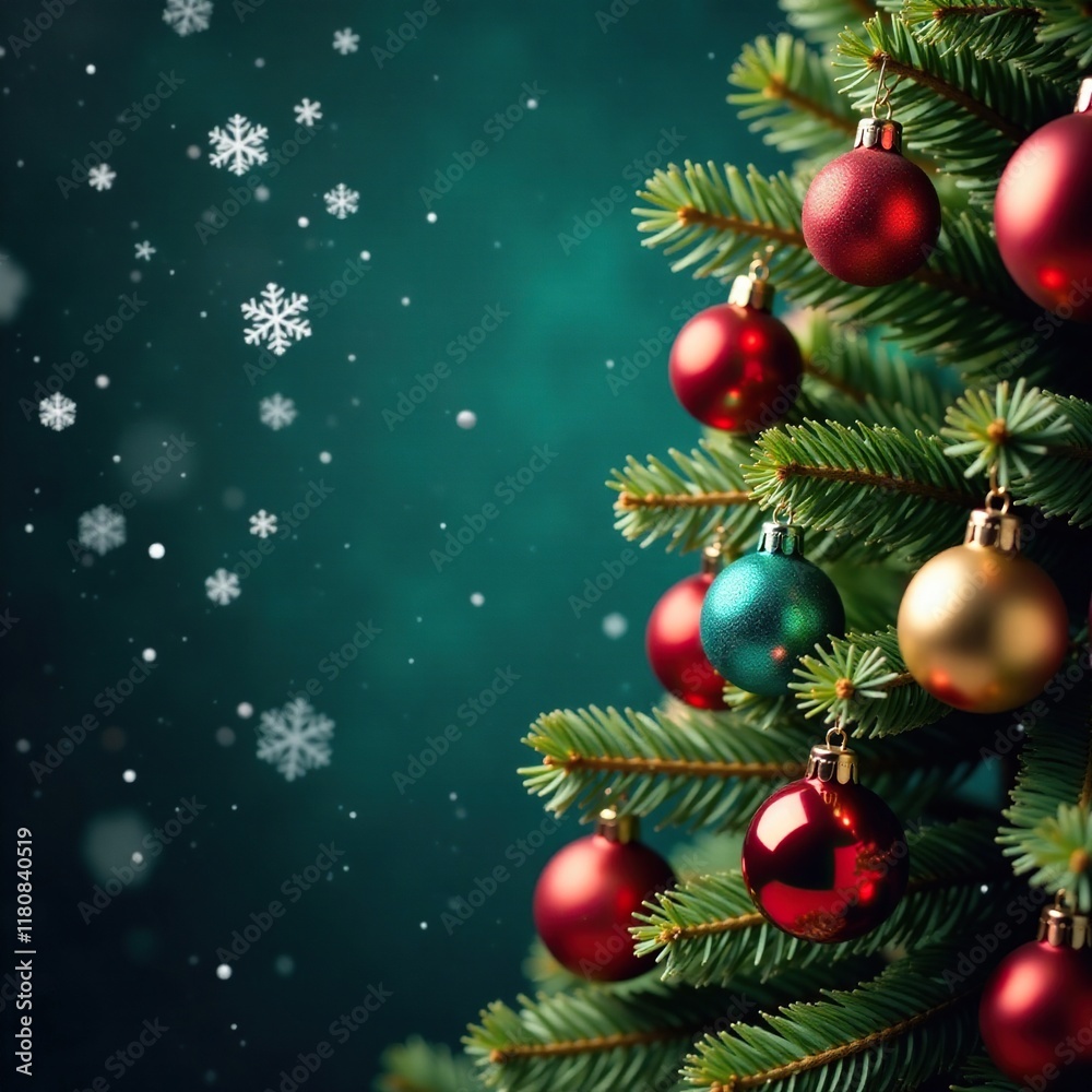 snowflakes gently fall on a festive Christmas tree with colorful ornaments, decorative, christmas tree snowflakes gently fall on a festive Christmas tree with colorful ornaments, decorative, christmas tree