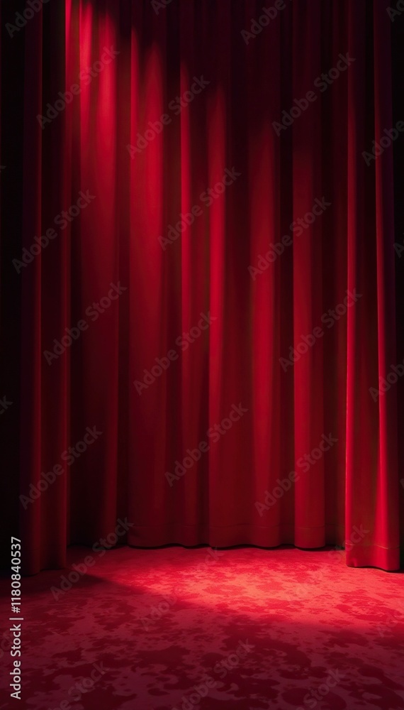 Fototapeta premium Soft red glow on a vacant theater with velvet drapes hanging low, a, velvet
