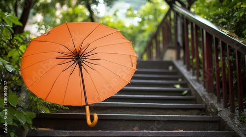 A lone red umbrella rests against a park bench, its vibrant hue contrasting with the golden and rust-colored leaves scattered on the ground.