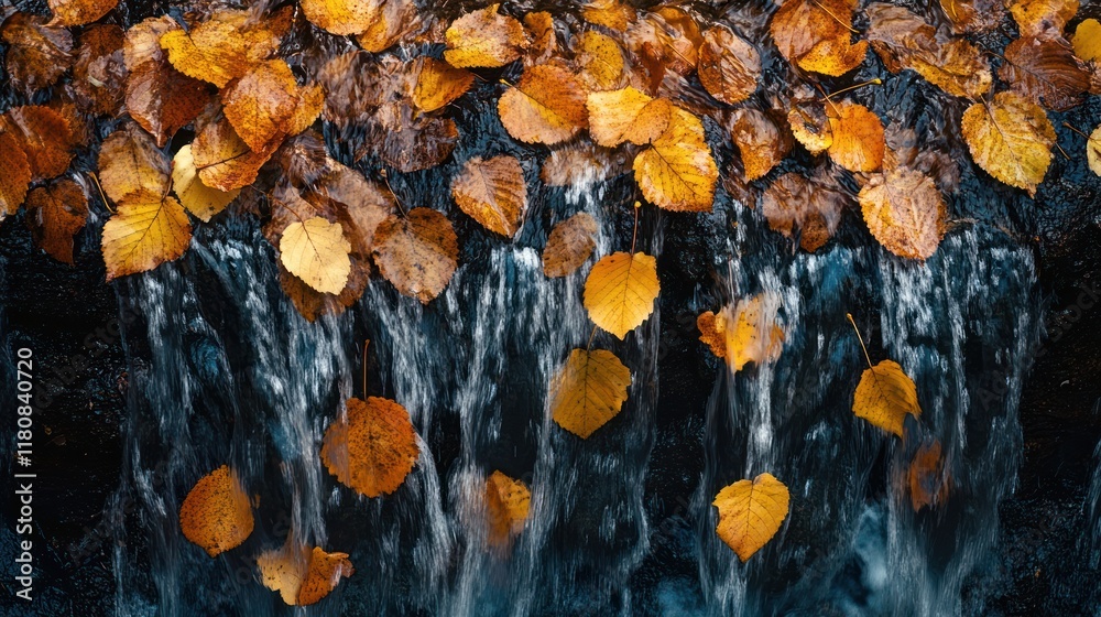 Autumn leaves falling waterfall nature background design Autumn leaves falling waterfall nature background design