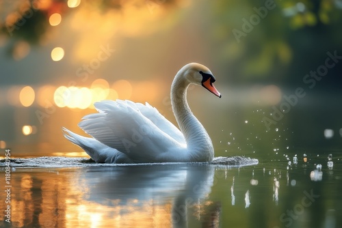 Fototapeta Naklejka Na Ścianę i Meble -  Majestic swan gliding through tranquil waters at sunrise amidst golden reflections and gentle ripples
