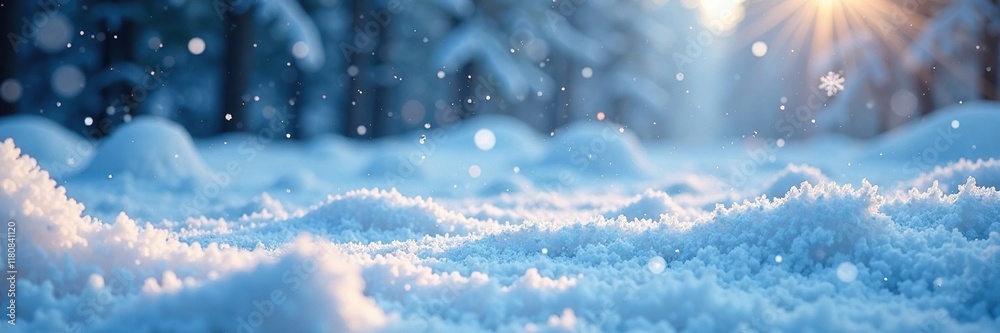 Softly falling snowflakes on the frozen terrain, icy scene, winter wonderland Softly falling snowflakes on the frozen terrain, icy scene, winter wonderland
