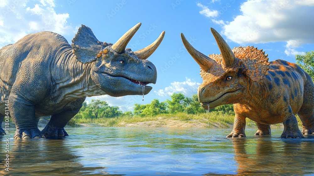 Fototapeta premium Two dinosaurs wade through a shallow body of water in a lush prehistoric landscape.