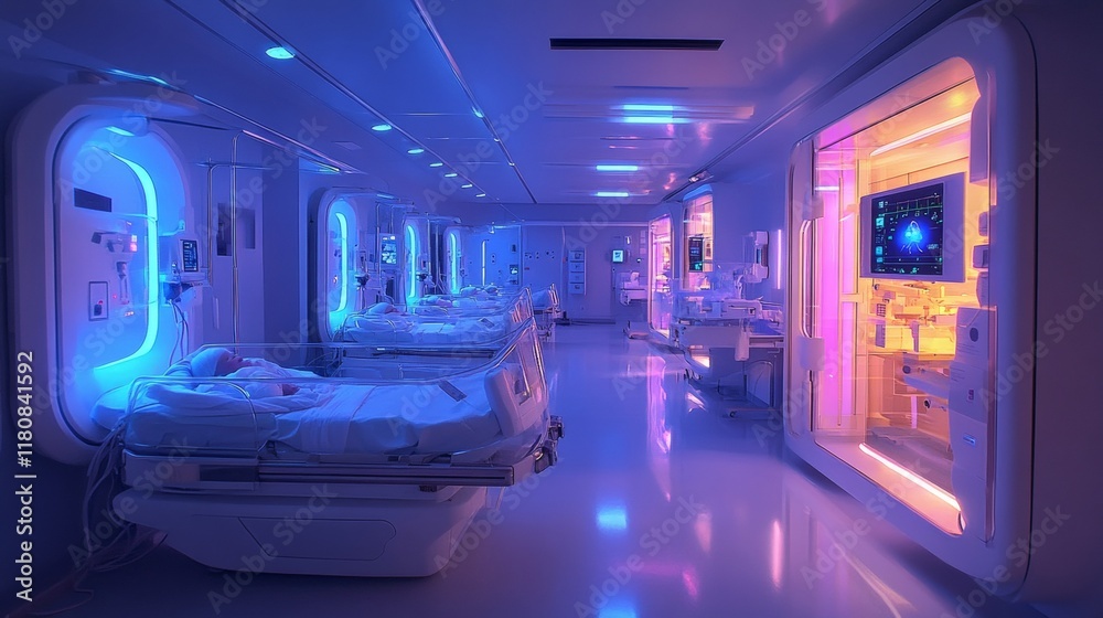 Obraz premium Futuristic neonatal care unit glowing with robotic incubators and holographic monitoring