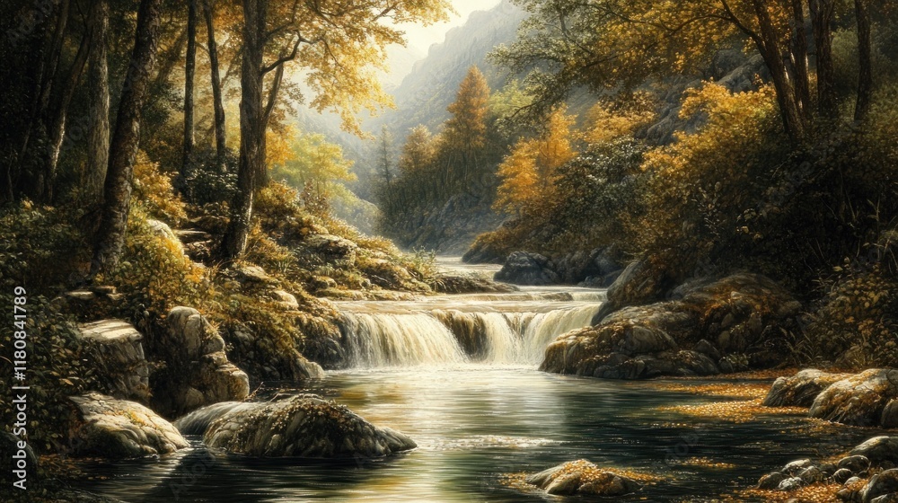 A serene landscape featuring a flowing river surrounded by autumn foliage and rocky terrain. A serene landscape featuring a flowing river surrounded by autumn foliage and rocky terrain.