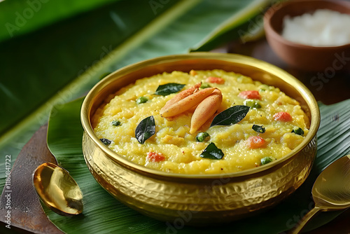 Ven Pongal Khara Pongal with Sambar coconut Chutney popular Indian breakfast food Tamil Nadu festival Pongal Sankranti Diwali spicy pongal prepared with rice lentil semolina rava South India Sri Lanka photo