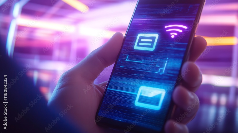 Obraz premium A hand holding a smartphone displaying icons for messages, Wi-Fi, and email in a digital style.