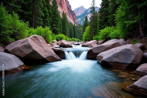 Water cascades over boulders in Little Cottonwood Canyon, mountainous terrain, stream, canyon photo