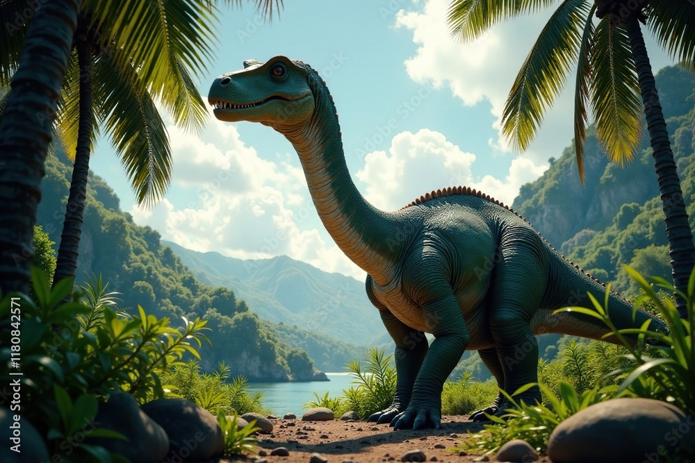 Obraz premium Giganotosaurus with a long neck peeking through palm trees, giant reptile, natural world