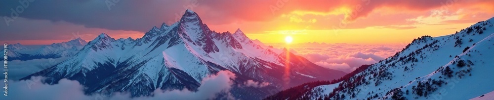 Obraz premium Golden hues of sunrise peeking through snowy peaks, winter, mountain, landscape