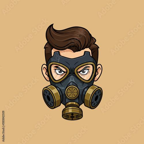 A stylized cartoon illustration of a mans head wearing a vintage style gas mask. photo