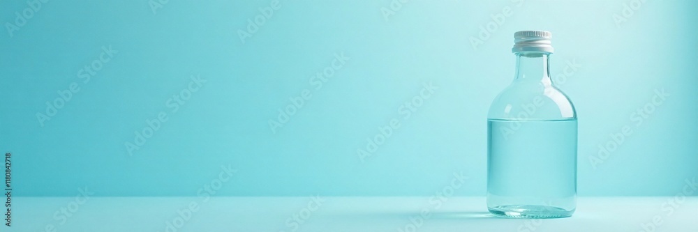 Softly lit empty glass bottle on light blue background, peaceful, empty, serene scene
