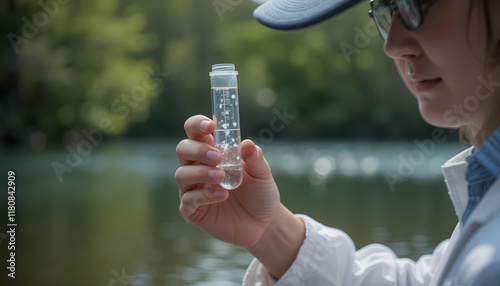 Close-up of a person holding a glass of clean water outdoors, promoting hydration, health, and environmental consciousness with a natural background under bright daylight. photo