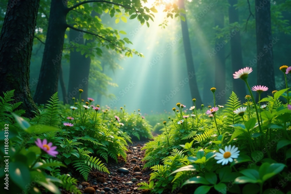 Fototapeta premium Misty forest floor with ferns and wildflowers swaying in the wind, ferns, mist