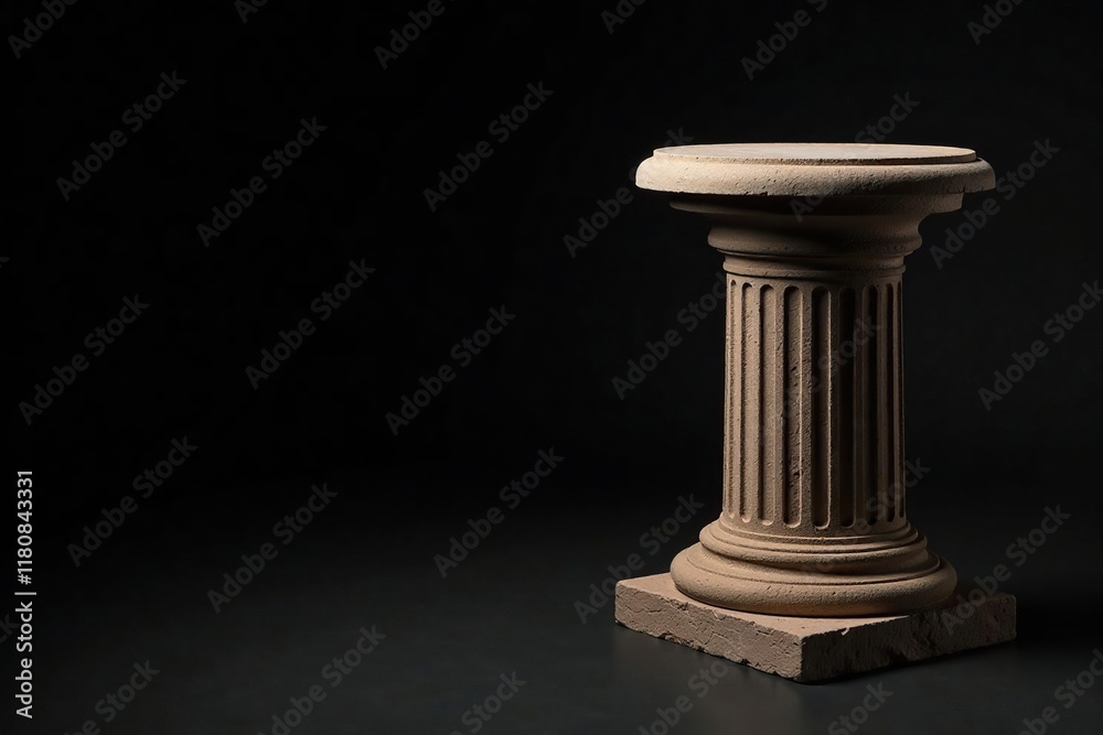 Stone pedestal with ancient stone carving on black background, artifact, black Stone pedestal with ancient stone carving on black background, artifact, black