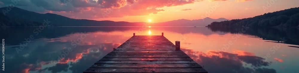 Water reflection of a wooden dock across the lake's surface, sunset, wooden, water Water reflection of a wooden dock across the lake's surface, sunset, wooden, water