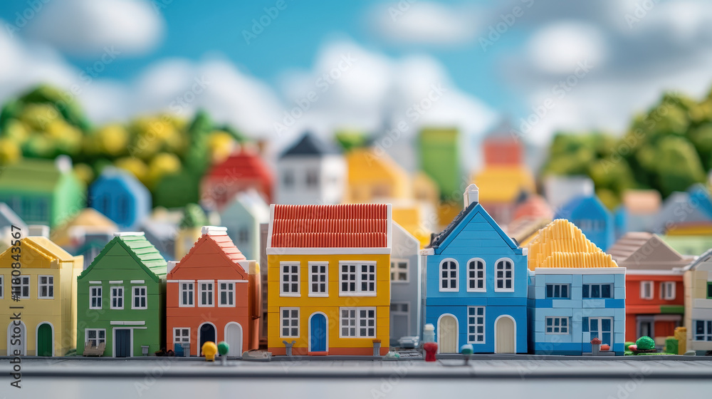 Extreme Long Shot of Colorful Houses in a Vibrant Ukrainian City Setting with Lush Background and Bright Architectural Details Extreme Long Shot of Colorful Houses in a Vibrant Ukrainian City Setting with Lush Background and Bright Architectural Details