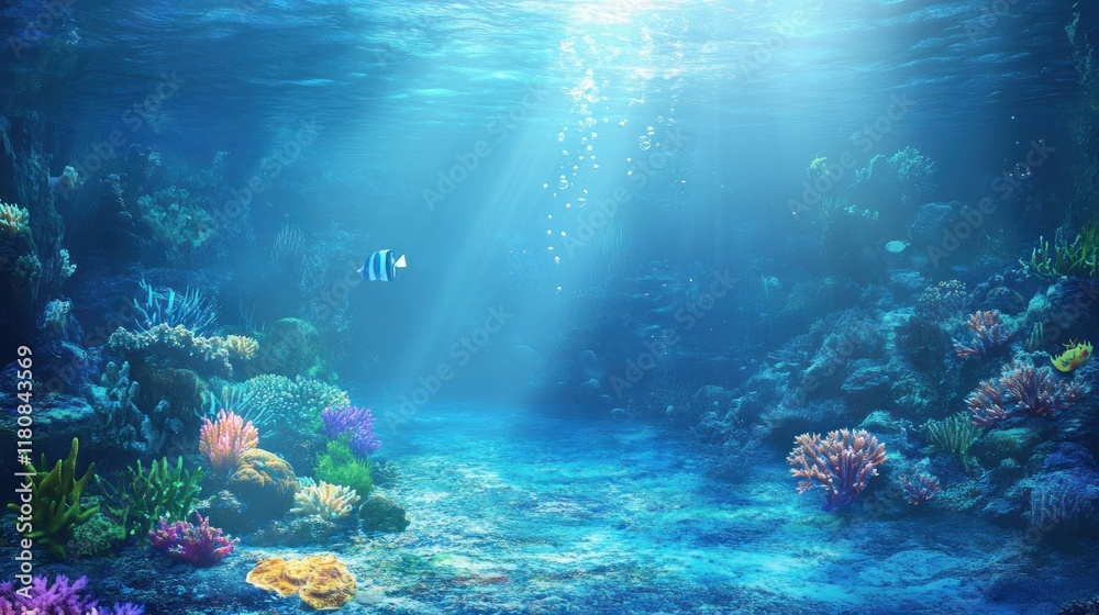 Underwater scene with vibrant coral reef, fish, and sunbeams. Underwater scene with vibrant coral reef, fish, and sunbeams.