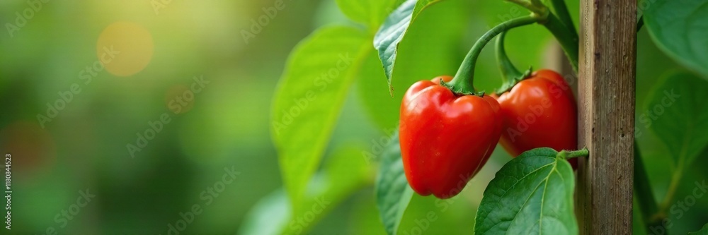 Sweet paprika pepper growing on a wooden trellis, trellis, green, spice Sweet paprika pepper growing on a wooden trellis, trellis, green, spice