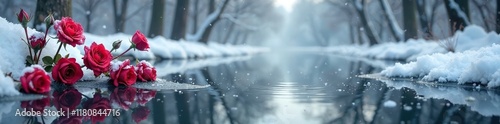 Frozen red roses in a snow-covered pond amidst bare trees, frozen roses, trees, pond