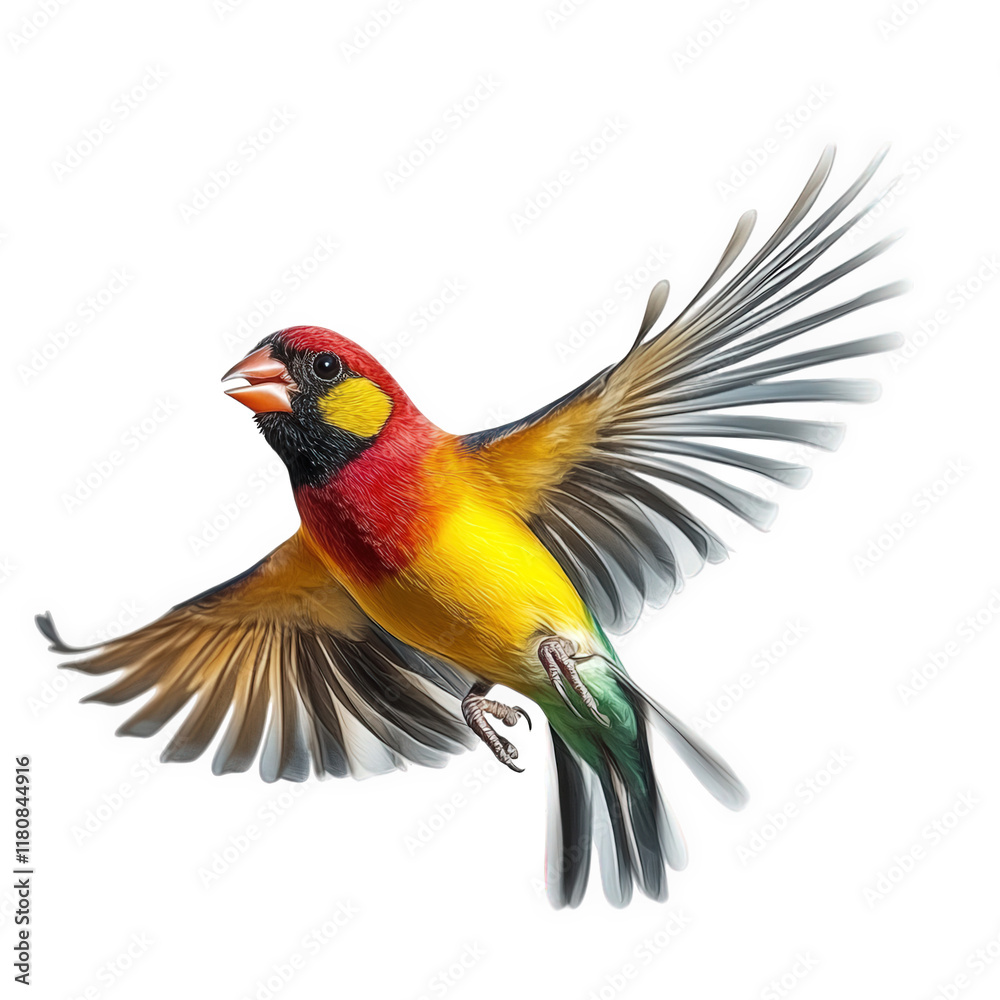 Fototapeta premium vibrant bird in flight. showcasing its colorful plumage with shades of red. yellow. and green the bird's wings are spread wide. emphasizing its dynamic movement and grace against a plain background th