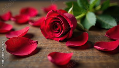 Red rose petals scattered on a wooden table or floor, cozy, vintage
