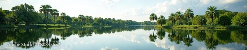 Reflections of trees and sky in the calm surface of Alphen aan den Rijn water lake, palm tree reflections, lakeside scenery, calmness photo