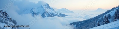 misty fog rolling over the snow-covered goryeo mountain, atmospheric, mystical photo