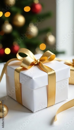 A golden ribbon with a white bow tied around a gift on a Christmas table, holiday, xmas present, white background