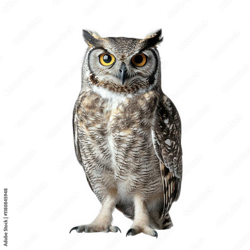 Fototapeta premium majestic owl standing upright against a plain white background its striking yellow eyes and detailed feather patterns highlight its beauty and uniqueness. making it an ideal subject for wildlife photo