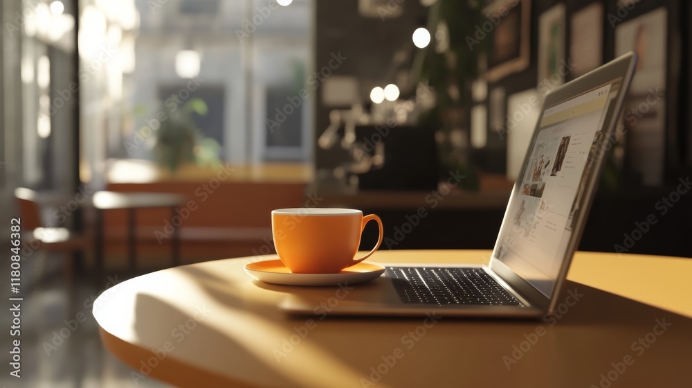 Front view of cup and laptop on table in office and background in the coffee shop Front view of cup and laptop on table in office and background in the coffee shop