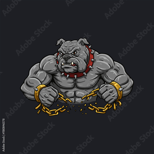 A powerfully built bulldog breaks its golden chains, symbolizing strength and freedom.