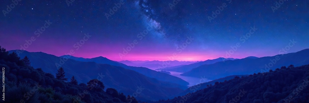 Glowing hills with soft pink light under starry sky, eerie, blue Glowing hills with soft pink light under starry sky, eerie, blue