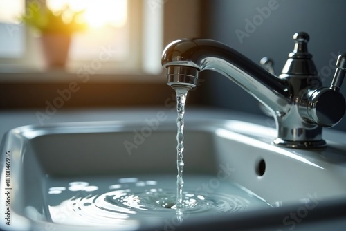 Water drips slowly from a faucet into a curved sink drain, faucet, liquid