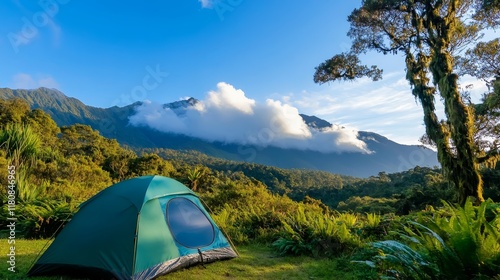 Wallpaper Mural A serene camping scene in a lush mountain landscape under a clear blue sky. Torontodigital.ca