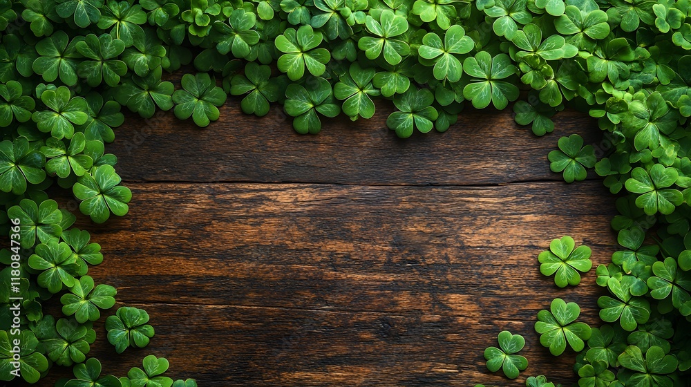 Green shamrocks scattered on a wooden table with a warm and inviting St Patricks Day setting Green shamrocks scattered on a wooden table with a warm and inviting St Patricks Day setting