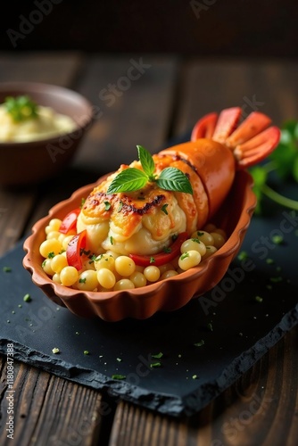 Lobster thermidor served in a terracotta shell on a modern slate platter, gourmet cuisine, lobster thermidor, terracotta shell photo