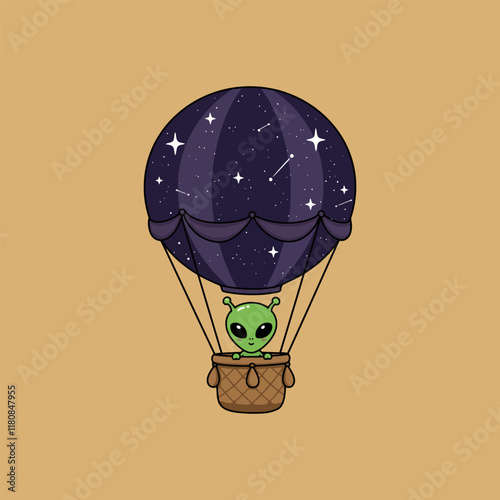 A cute green alien sits in a hot air balloon resembling a night sky filled with stars.